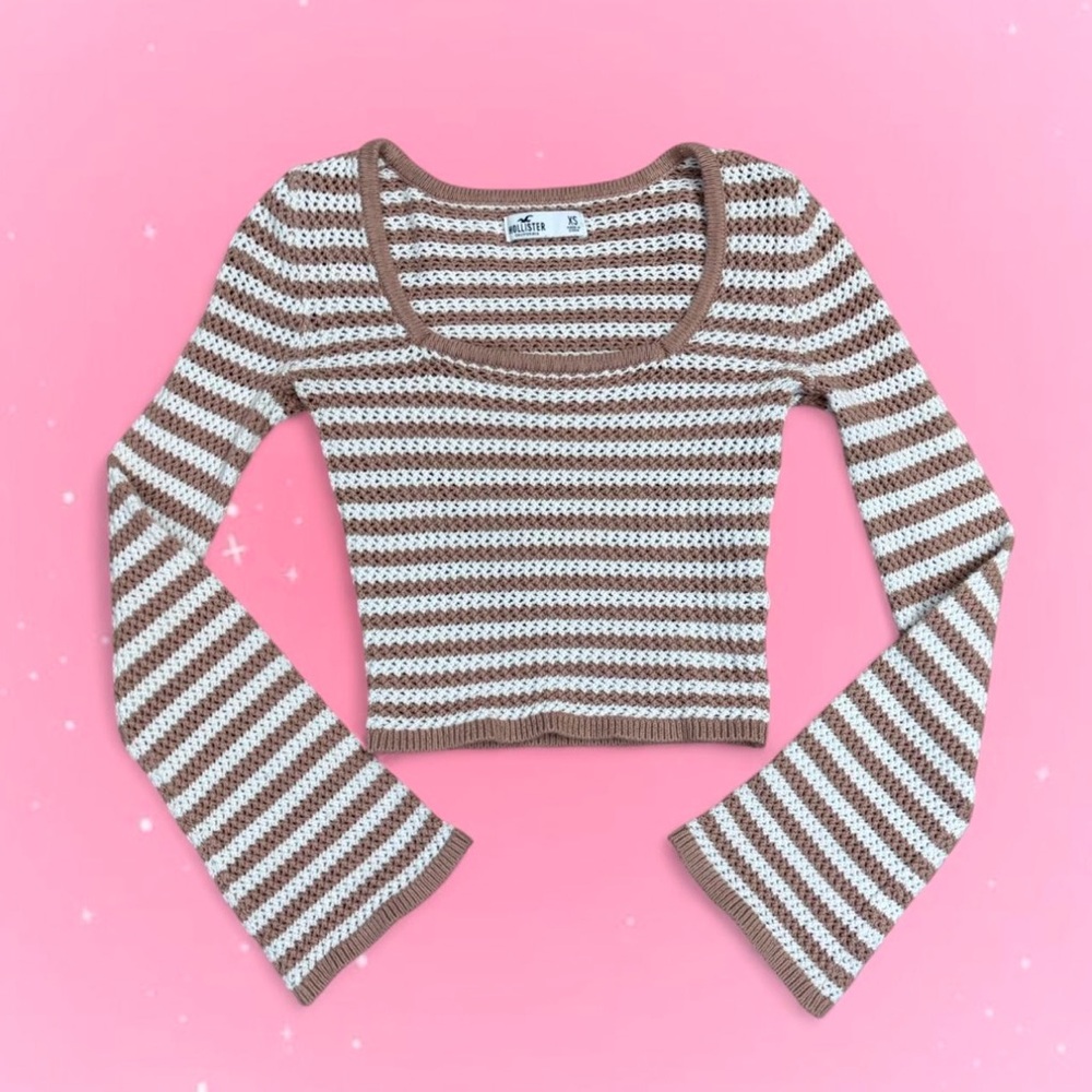 Hollister Y2K Cream and Brown Crotchet Striped Crop Sweater Women’s XS